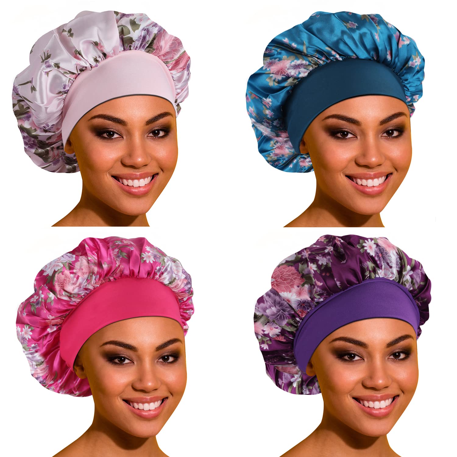 ROYBENS satin bonnet front view highlighting large 12.9-inch size for curly hair