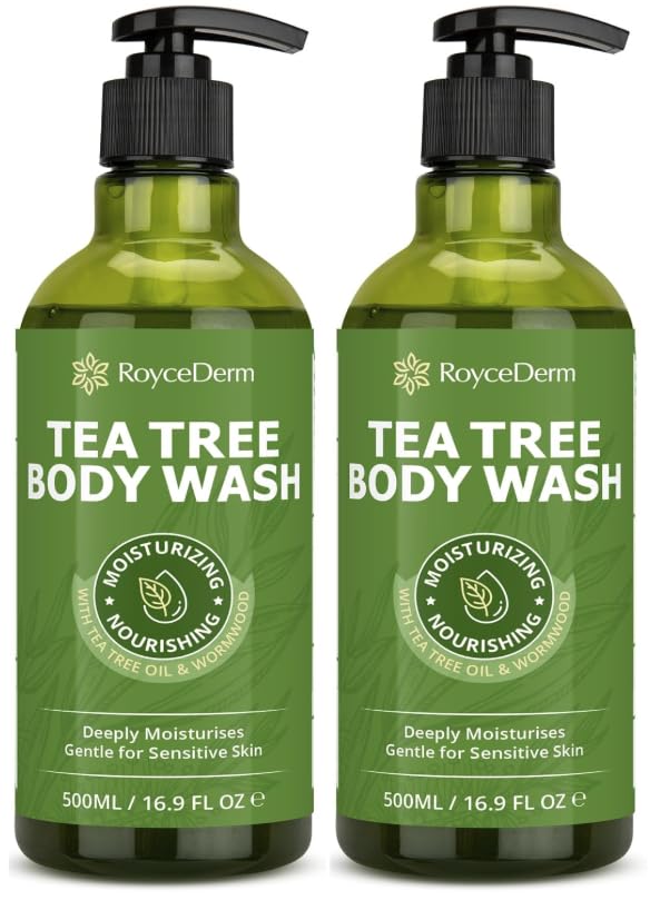 Roycederm antifungal body wash bottle front shows refreshing tea tree cleanse for daily skin care