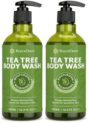 Roycederm antifungal body wash bottle front shows refreshing tea tree cleanse for daily skin care