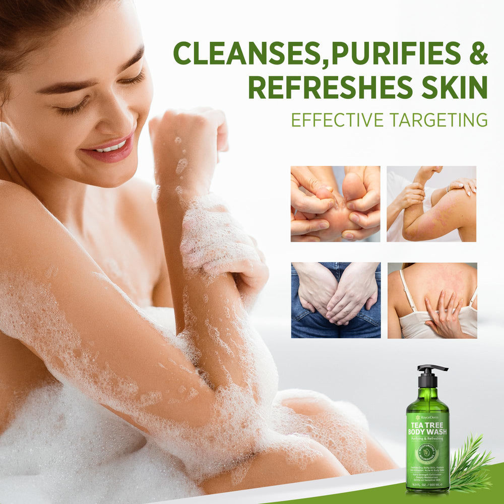 Roycederm bathroom routine tea tree wash supports fresh, clean skin daily.
