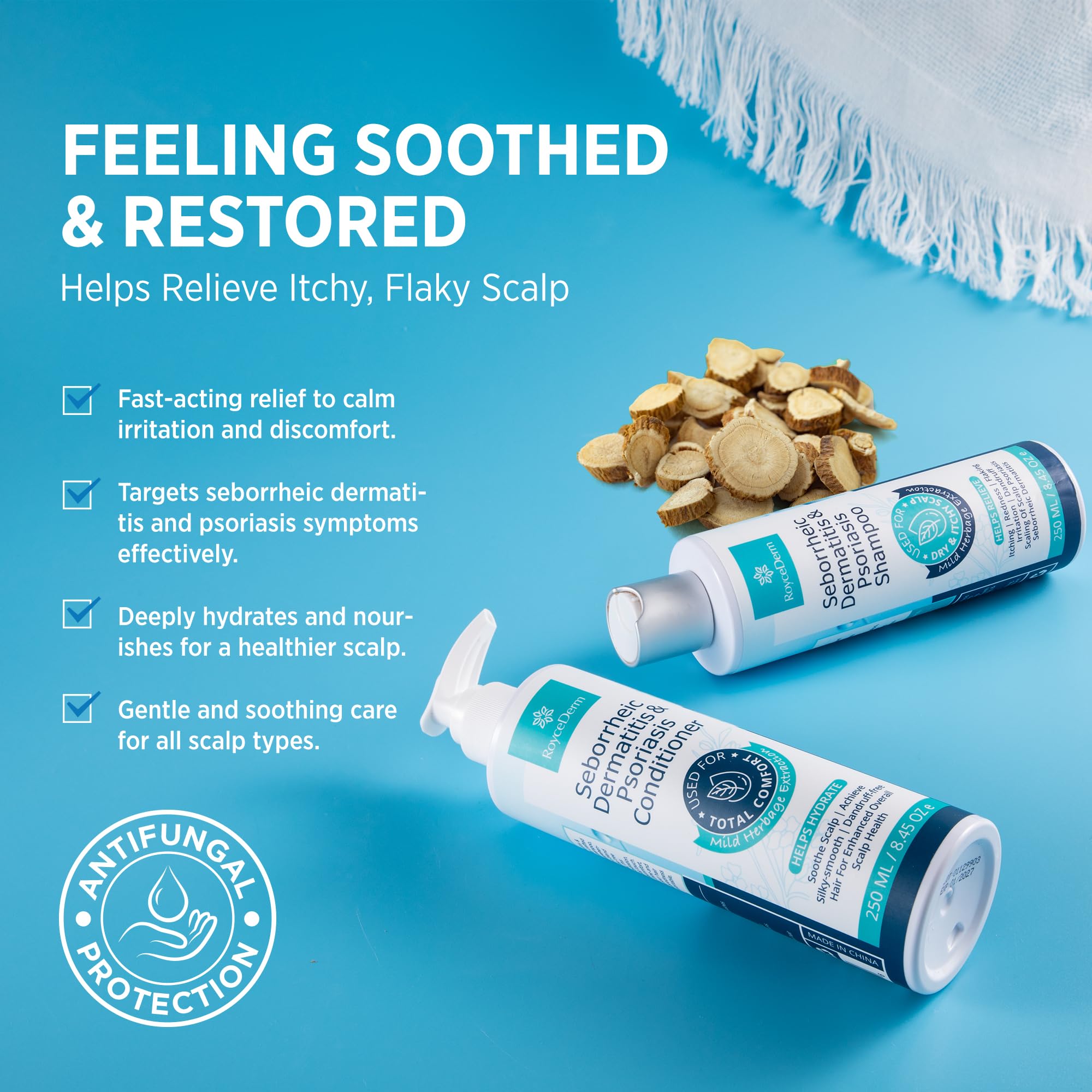 Roycederm Psoriasis Shampoo in use with refreshing scalp relief