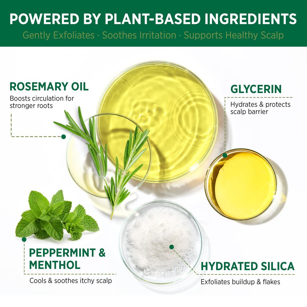 RoyceDerm Rosemary Mint Scrub ingredients showcase rosemary and peppermint for refreshing scalp care.