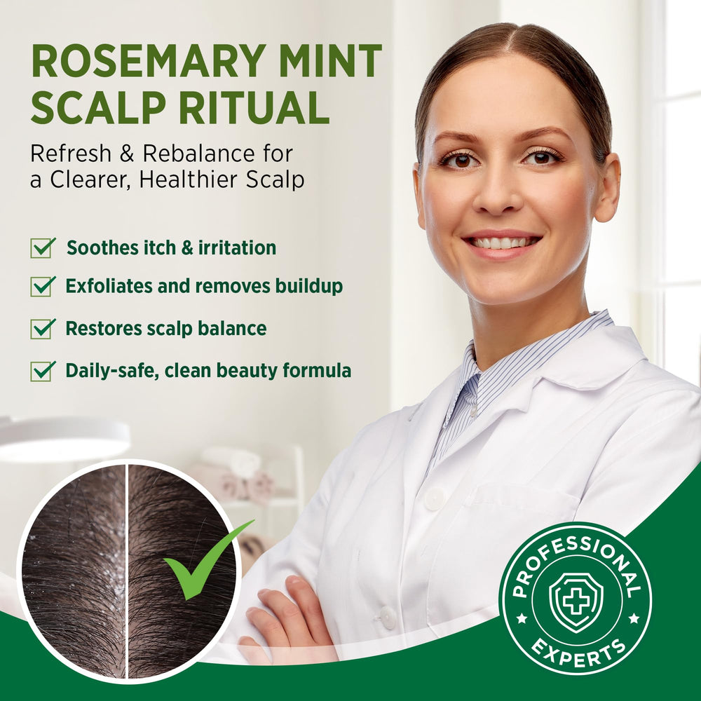 RoyceDerm Rosemary Mint Scrub menthol cooling highlights refreshing rinse and soothing scalp feel.