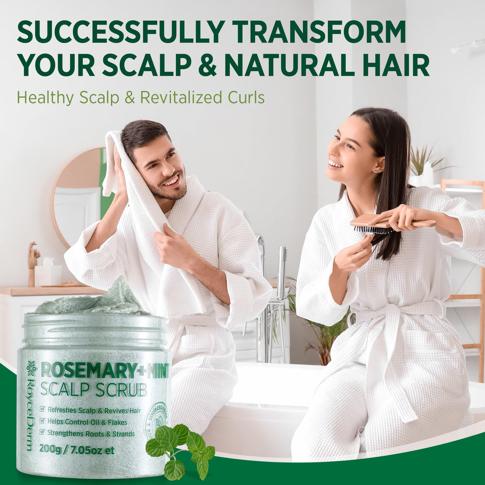 RoyceDerm Rosemary Mint Scrub packaging detail emphasizes vegan, paraben-free plant-based formula.