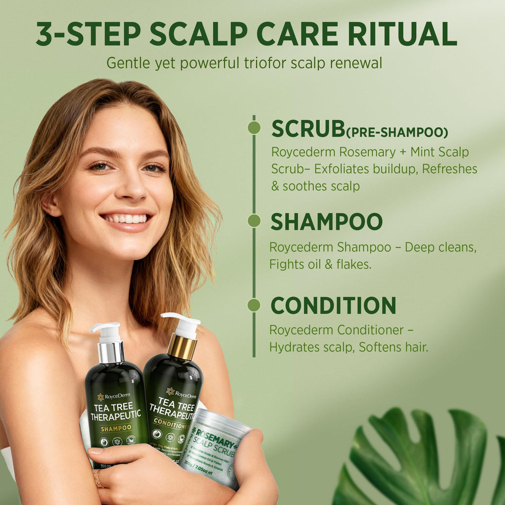 RoyceDerm Rosemary Mint Scrub scalp scene captures oil control and flakes reduction during shower.