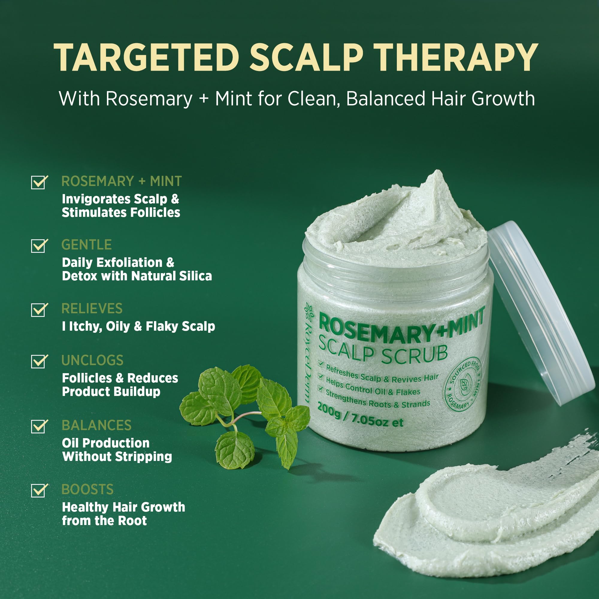 RoyceDerm Rosemary Mint Scrub texture closeup shows silica exfoliant for gentle cleansing.
