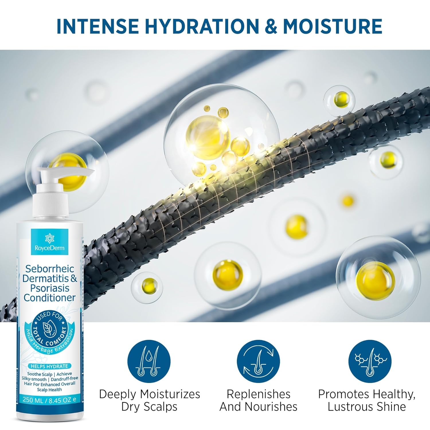 Roycederm scalp closeup highlights soothing formula for itching relief