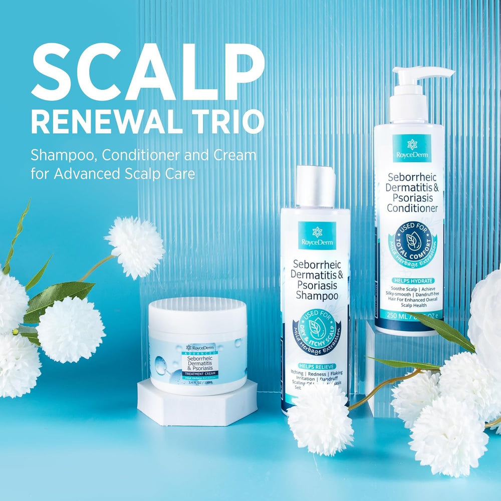 Roycederm Shampoo and Conditioner set on glossy hair for nourished scalp