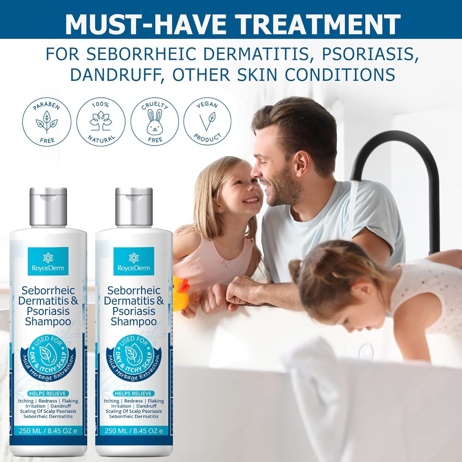 Roycederm Shampoo lather closeup suggests gentle cleansing with plant extracts