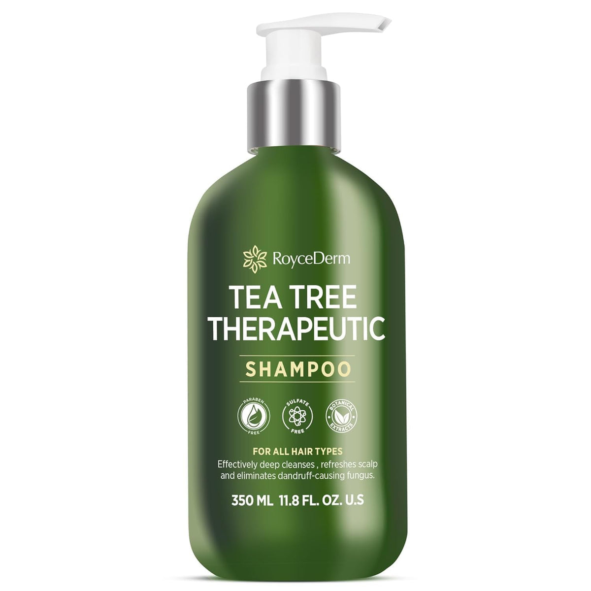 Roycederm Tea Tree Antifungal Shampoo bottle shows refreshing scalp cleanse and deep cleansing feel