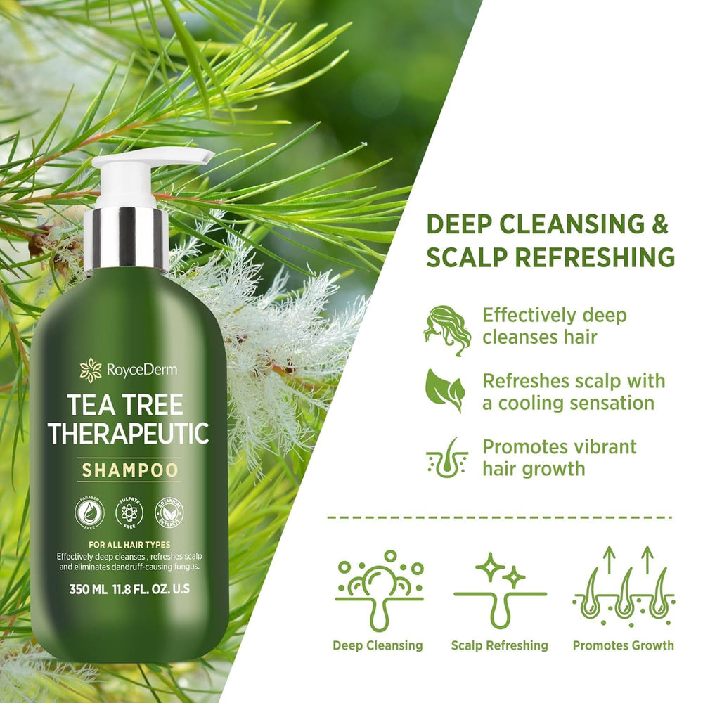 Roycederm Tea Tree Antifungal Shampoo label closeup highlights paraben and sulfate free formula