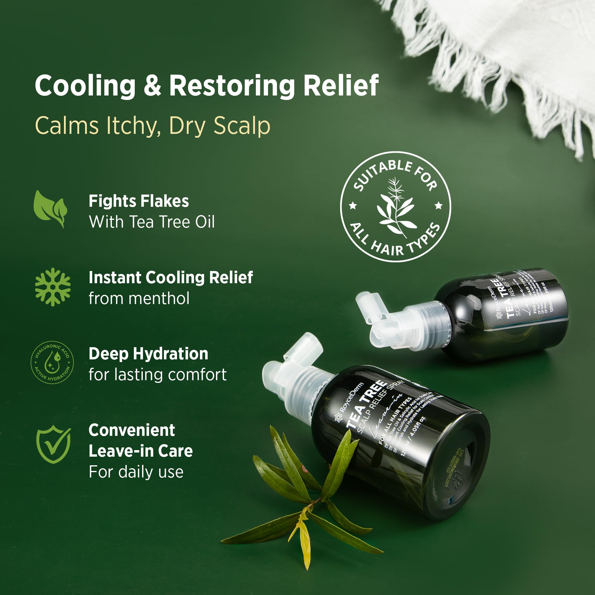 Roycederm Tea Tree application on scalp demonstrates easy, comfortable spray for itchy relief.