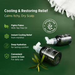 Roycederm Tea Tree application on scalp demonstrates easy, comfortable spray for itchy relief.