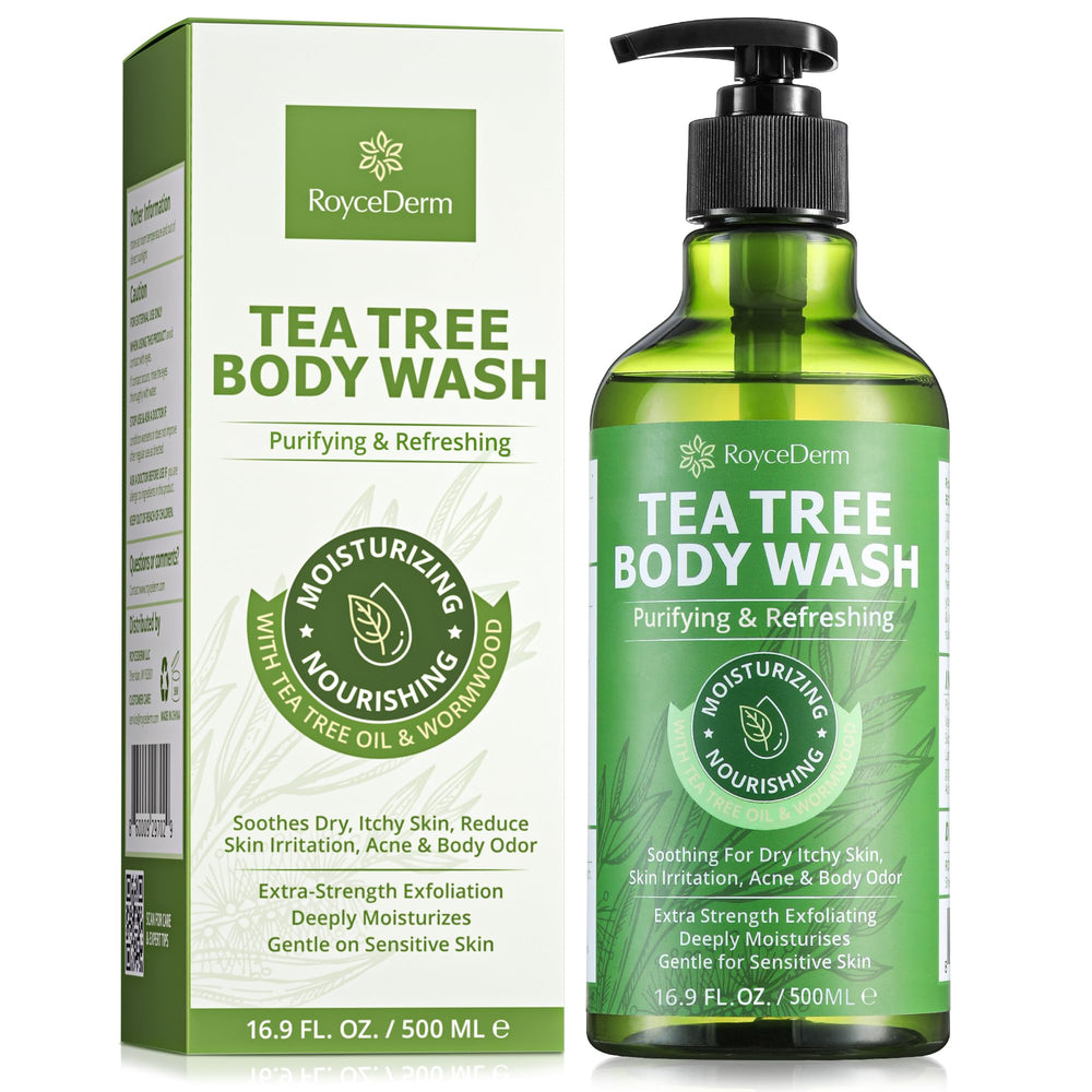 Roycederm tea tree body wash bottle offers a refreshing antifungal cleanse for daily skin care.