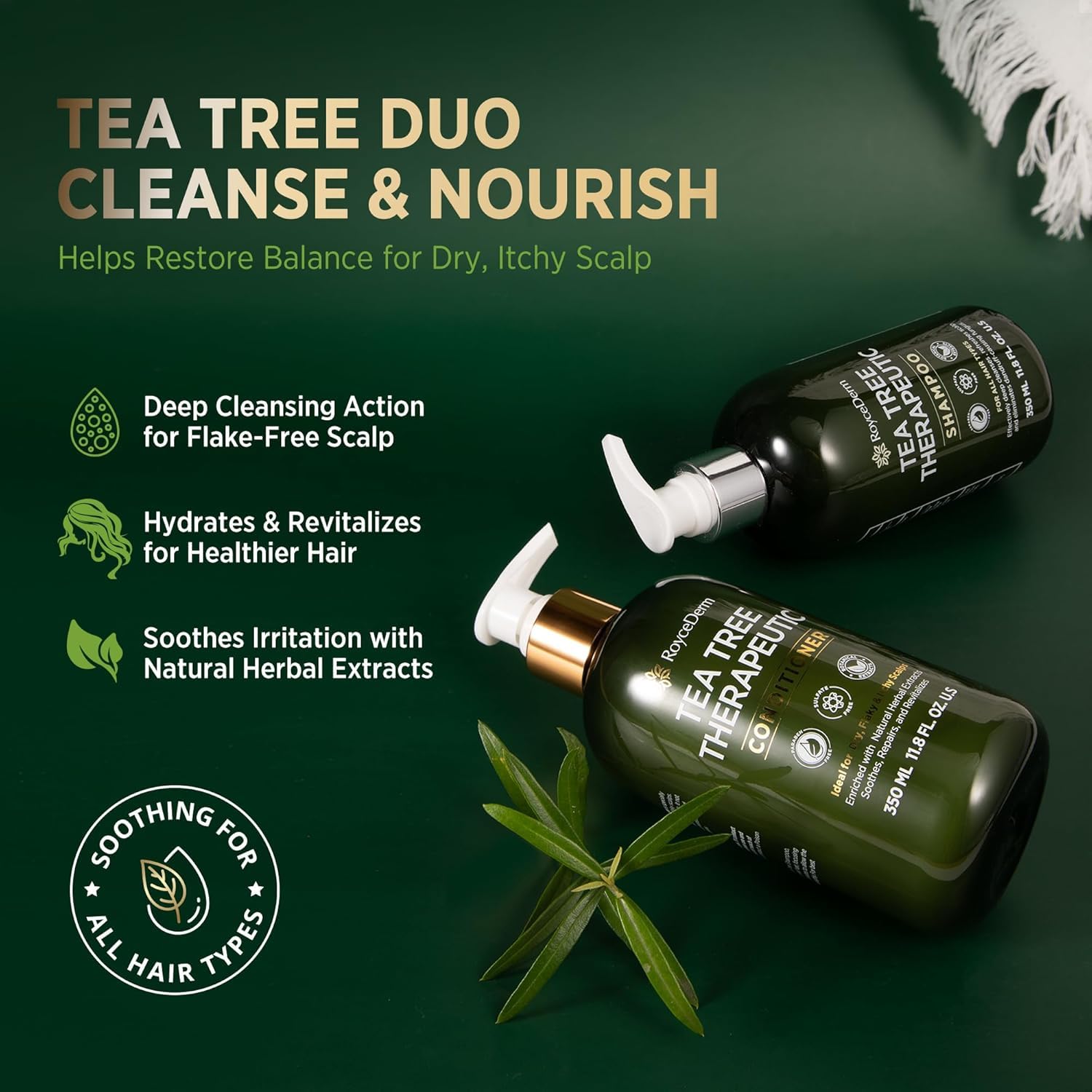 Roycederm Tea Tree Conditioner bottle demonstrating hydrating, soothing scalp care.