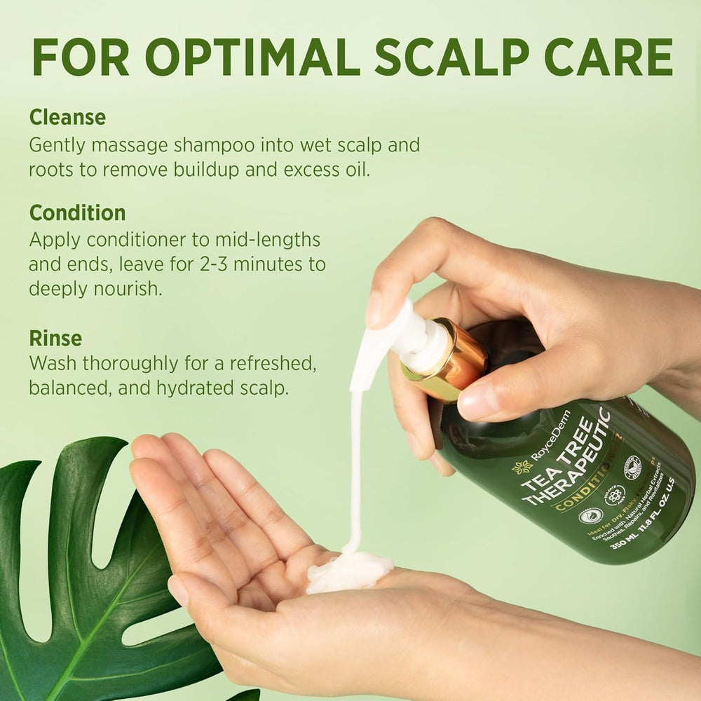 Roycederm Tea Tree Conditioner jar highlighting deep hydration for sensitive scalps.