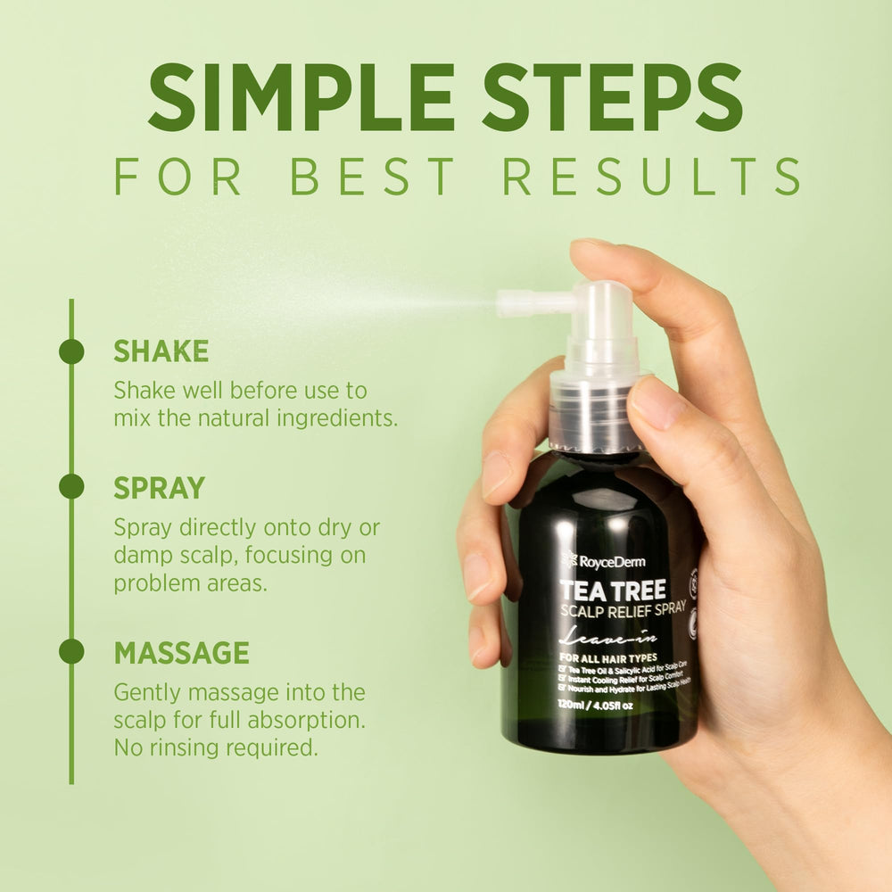 Roycederm Tea Tree hydration on hair and scalp promotes balanced appearance.