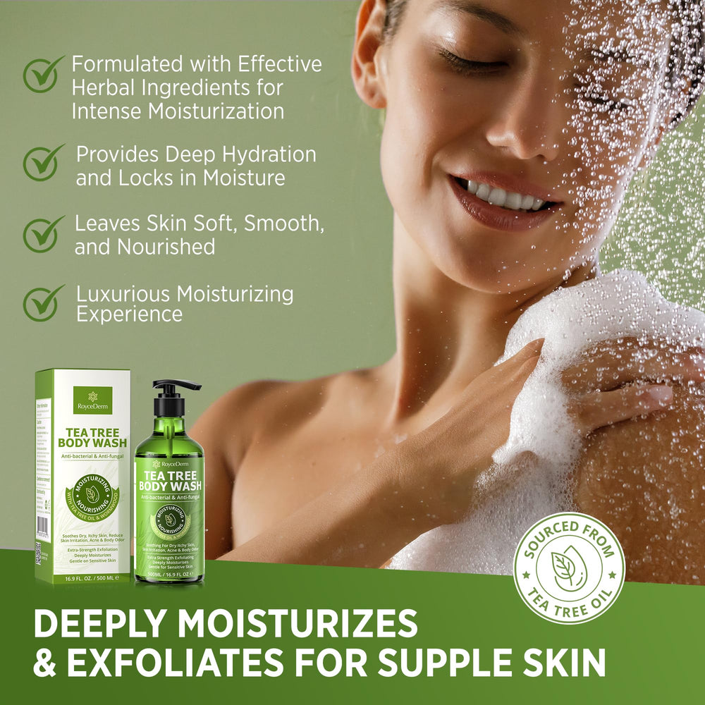 Roycederm tea tree oil closeup emphasizes natural antibacterial cleansing during shower routines