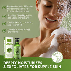 Roycederm tea tree oil closeup emphasizes natural antibacterial cleansing during shower routines