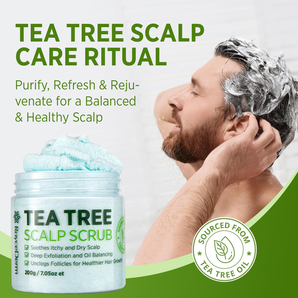 Roycederm Tea Tree Scalp Scrub application scene shows easy pre-wash ritual integration.