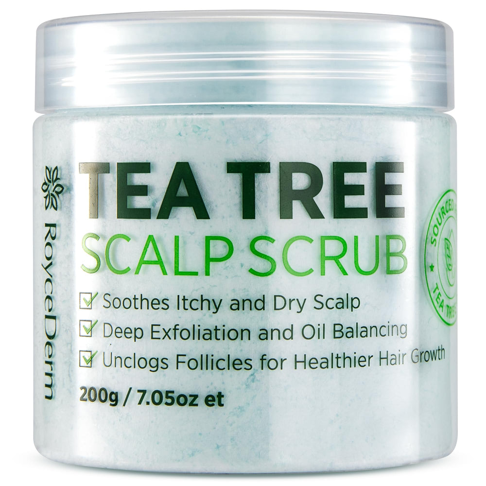 Roycederm Tea Tree Scalp Scrub bottle demonstrates refreshing pre-shampoo exfoliation for a clean scalp.