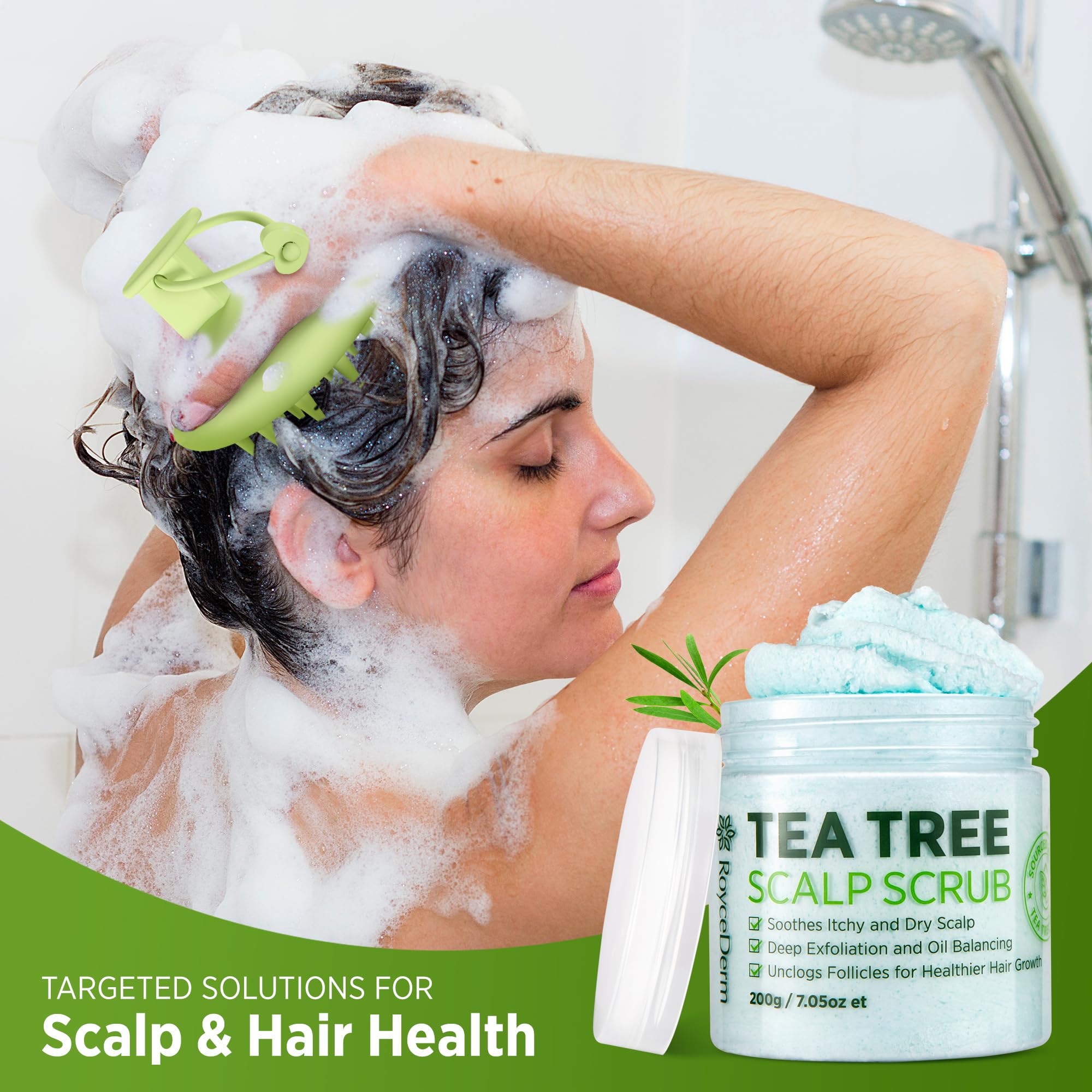 Roycederm Tea Tree Scalp Scrub brush close-up highlights scalp massager for exfoliation.