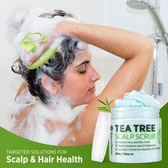 Roycederm Tea Tree Scalp Scrub brush close-up highlights scalp massager for exfoliation.