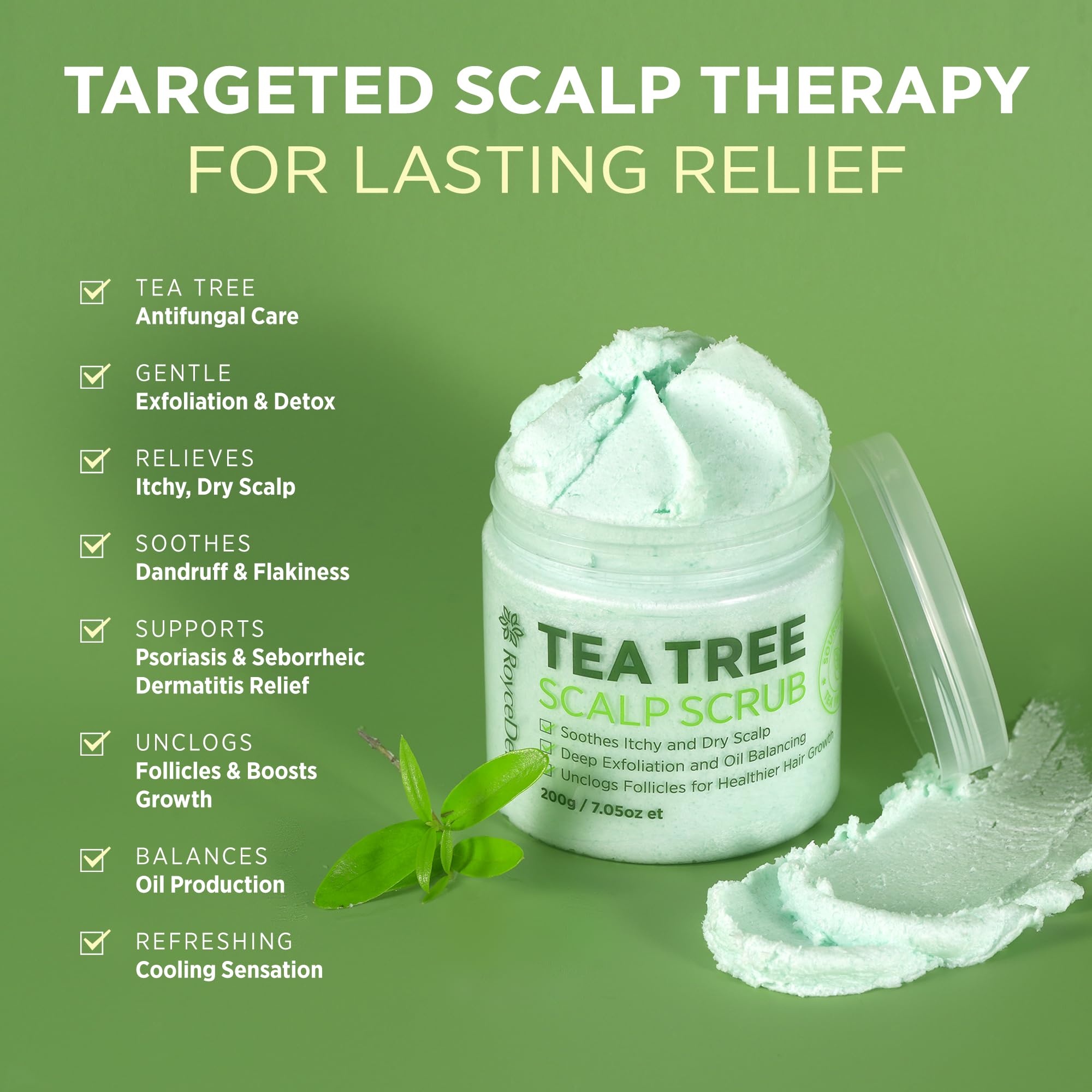 Roycederm Tea Tree Scalp Scrub exfoliation particles highlight buildup removal for balanced scalp and refreshed feel.