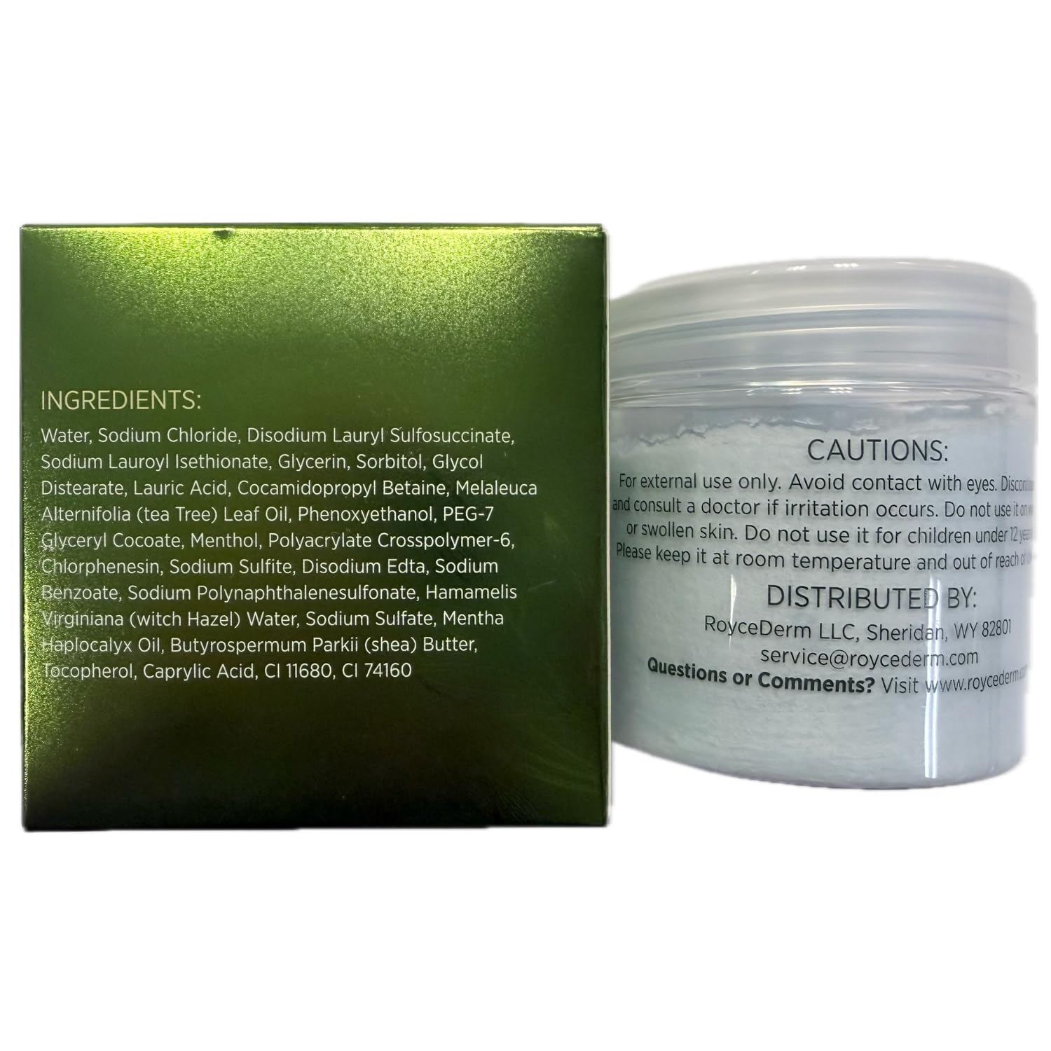 Roycederm Tea Tree Scalp Scrub fresh-scent close-up hints refreshing cleanse for scalp health.
