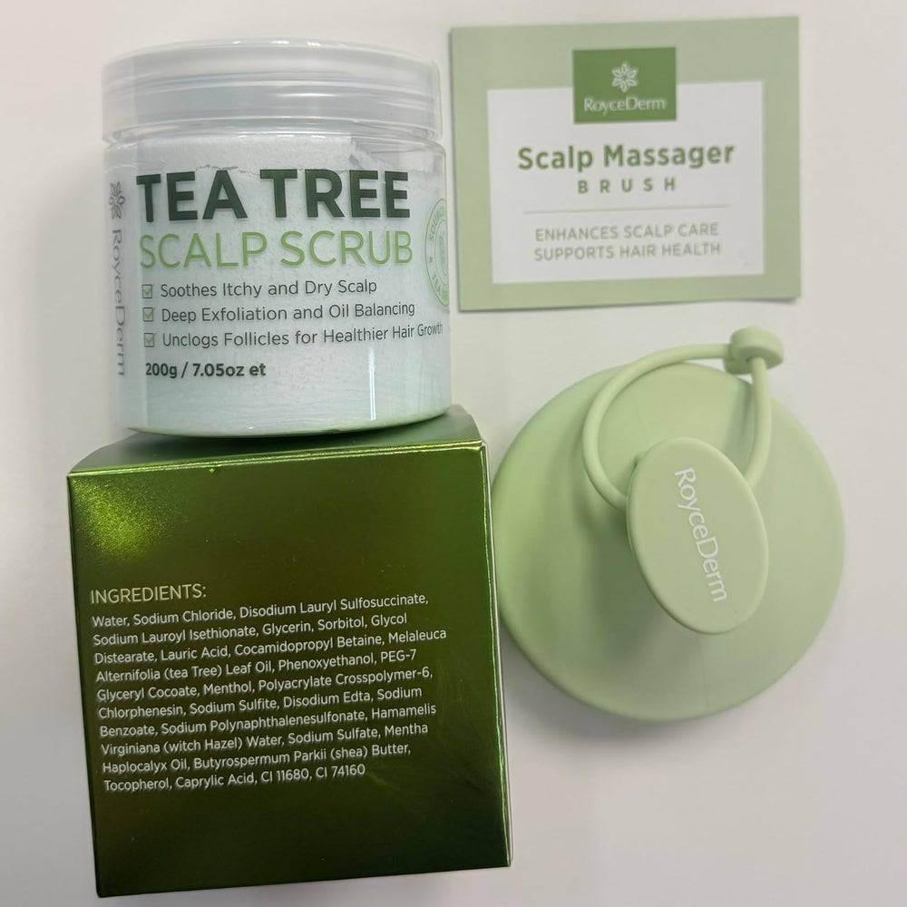 Roycederm Tea Tree Scalp Scrub packaging and label details on display.