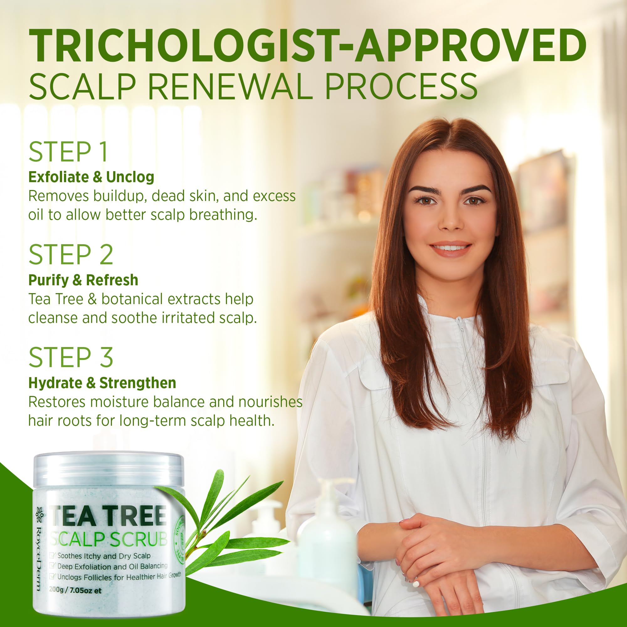 Roycederm Tea Tree Scalp Scrub witch hazel detail points to pore-purifying, balanced scalp environment.