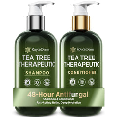 Roycederm Tea Tree Shampoo bottle on a clean surface for gentle scalp care.