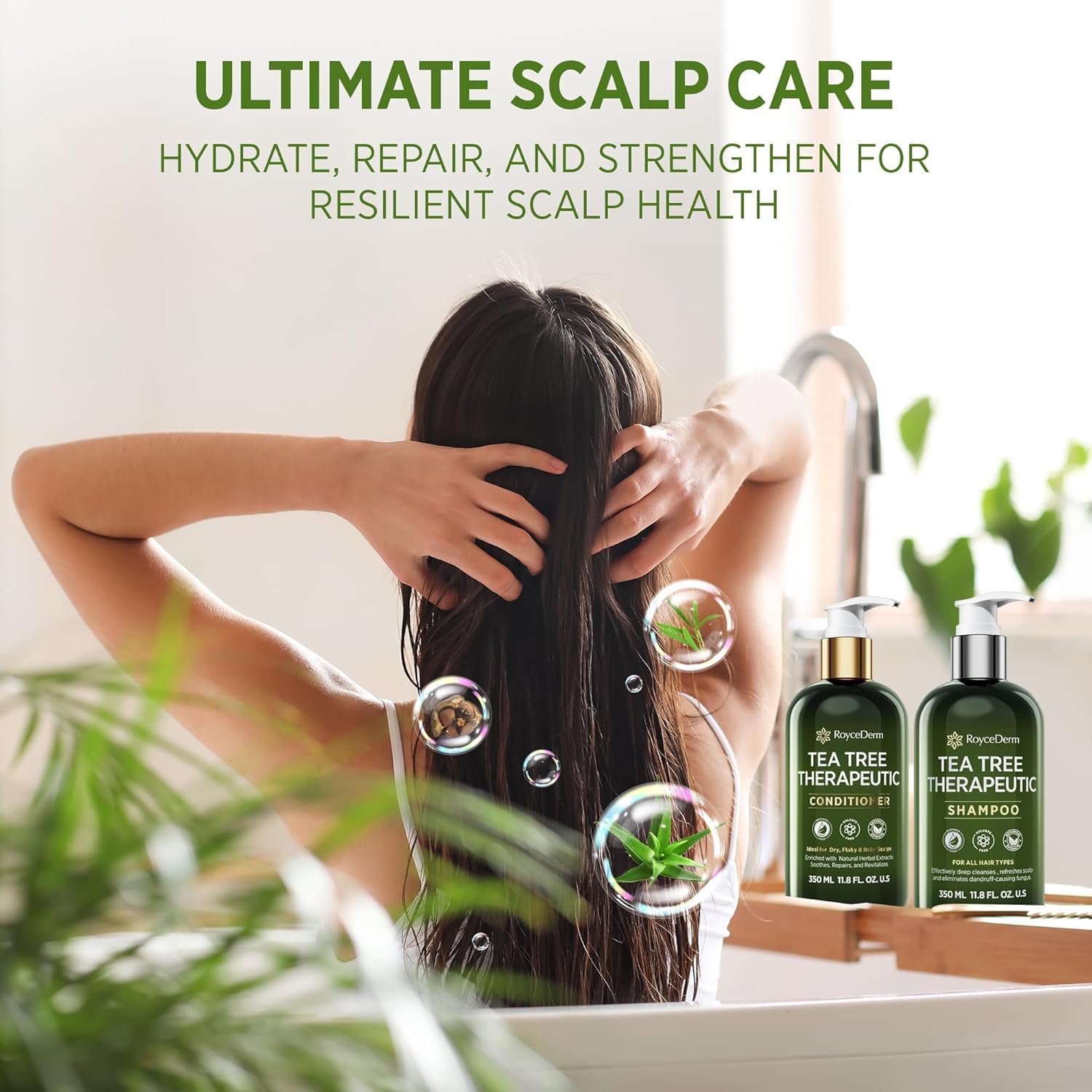 Roycederm Tea Tree Shampoo ingredient glow featuring tea tree oil.