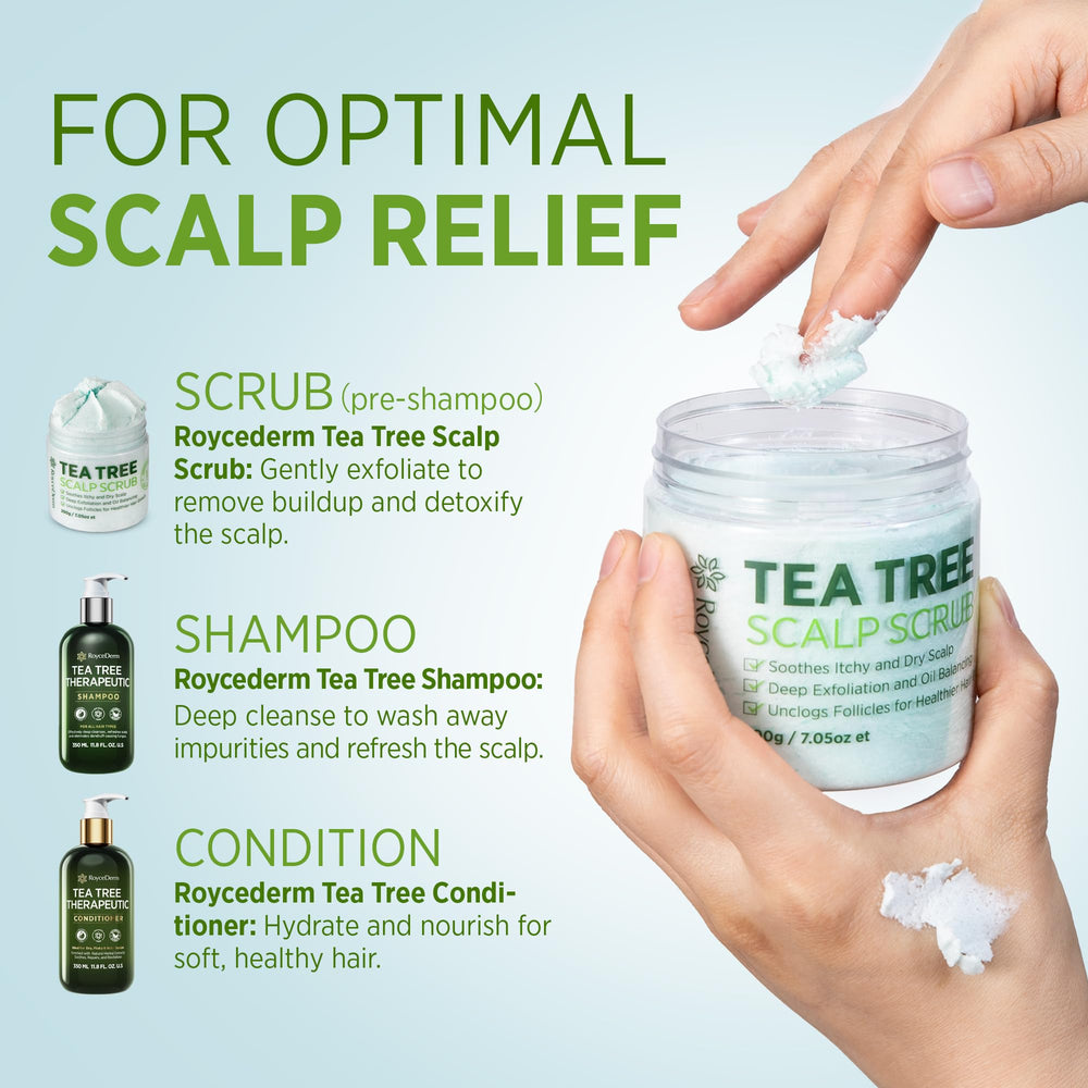 Roycederm Tea Tree bottle label close-up with paraben- and sulfate-free claim.