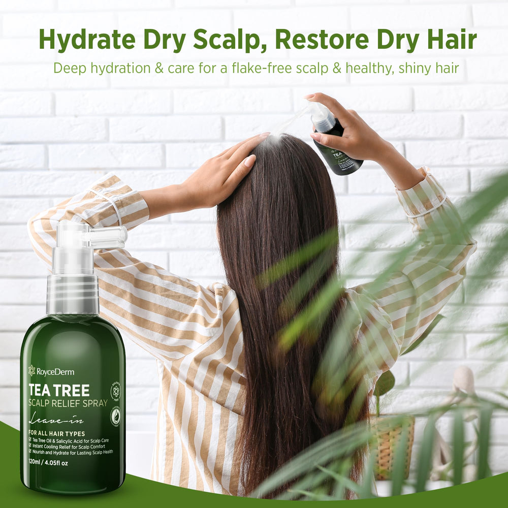 Roycederm Tea Tree shampoo pairing visuals suggest integrated daily scalp routine.