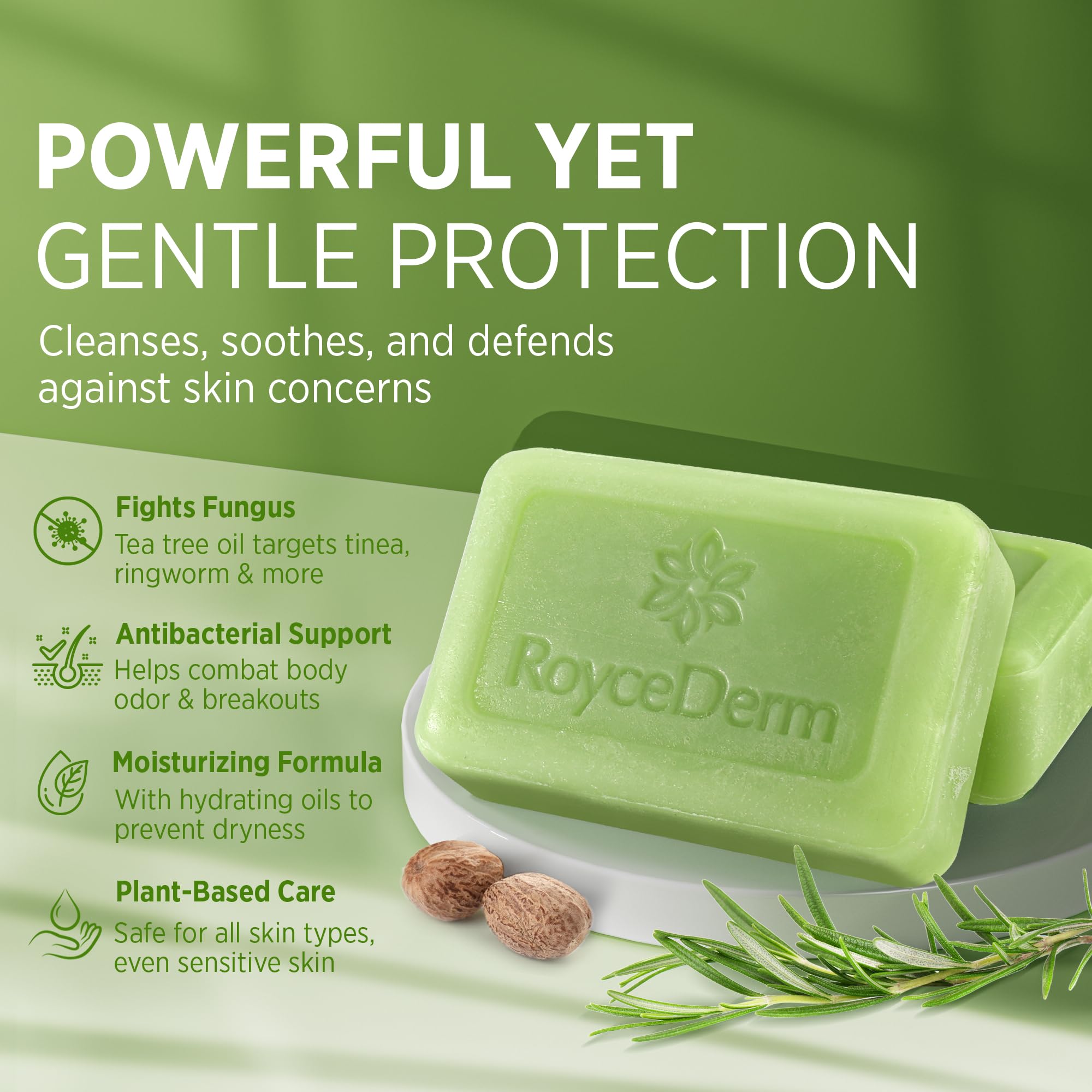 Roycederm Tea Tree Soap bar closeup with tea tree oil for refreshing antifungal-inspired care.