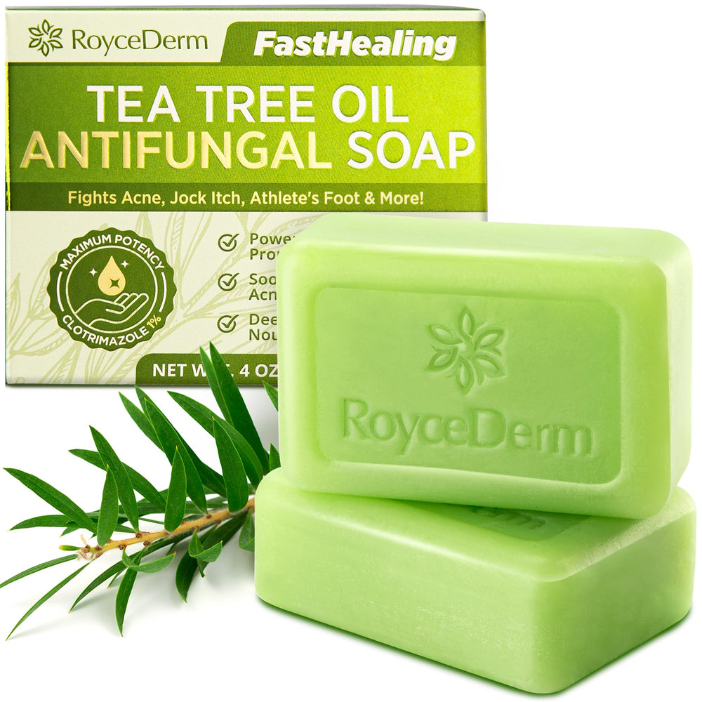 Roycederm tea tree soap bar closeup highlighting natural cleansing benefits