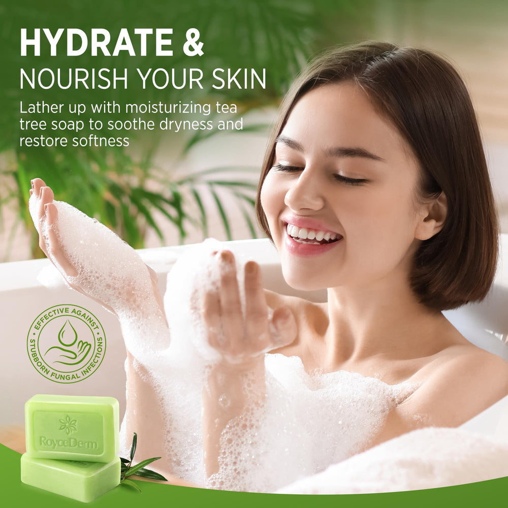 Roycederm Tea Tree Soap ingredients with tea tree leaves highlight natural plant-based fragrance.
