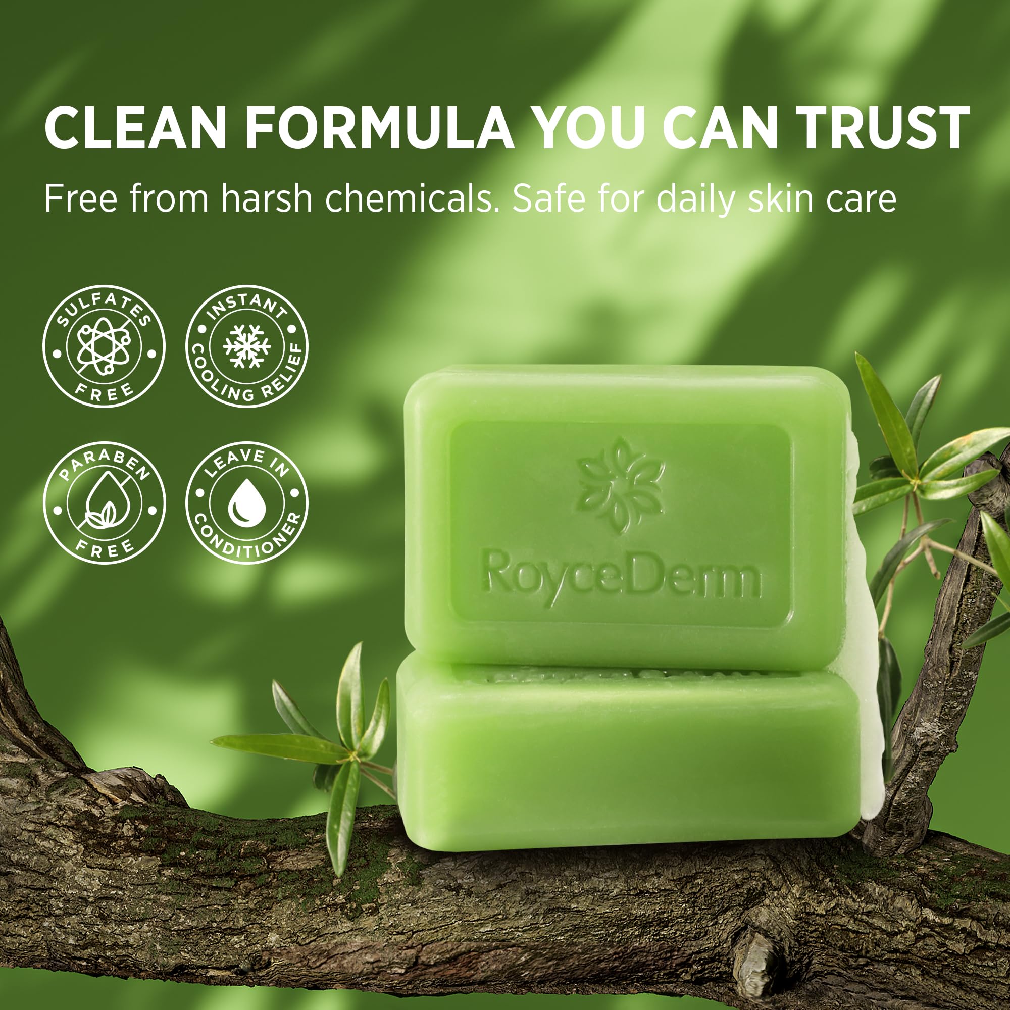 Roycederm Tea Tree Soap on washcloth evokes spa-like experience and versatile body use.