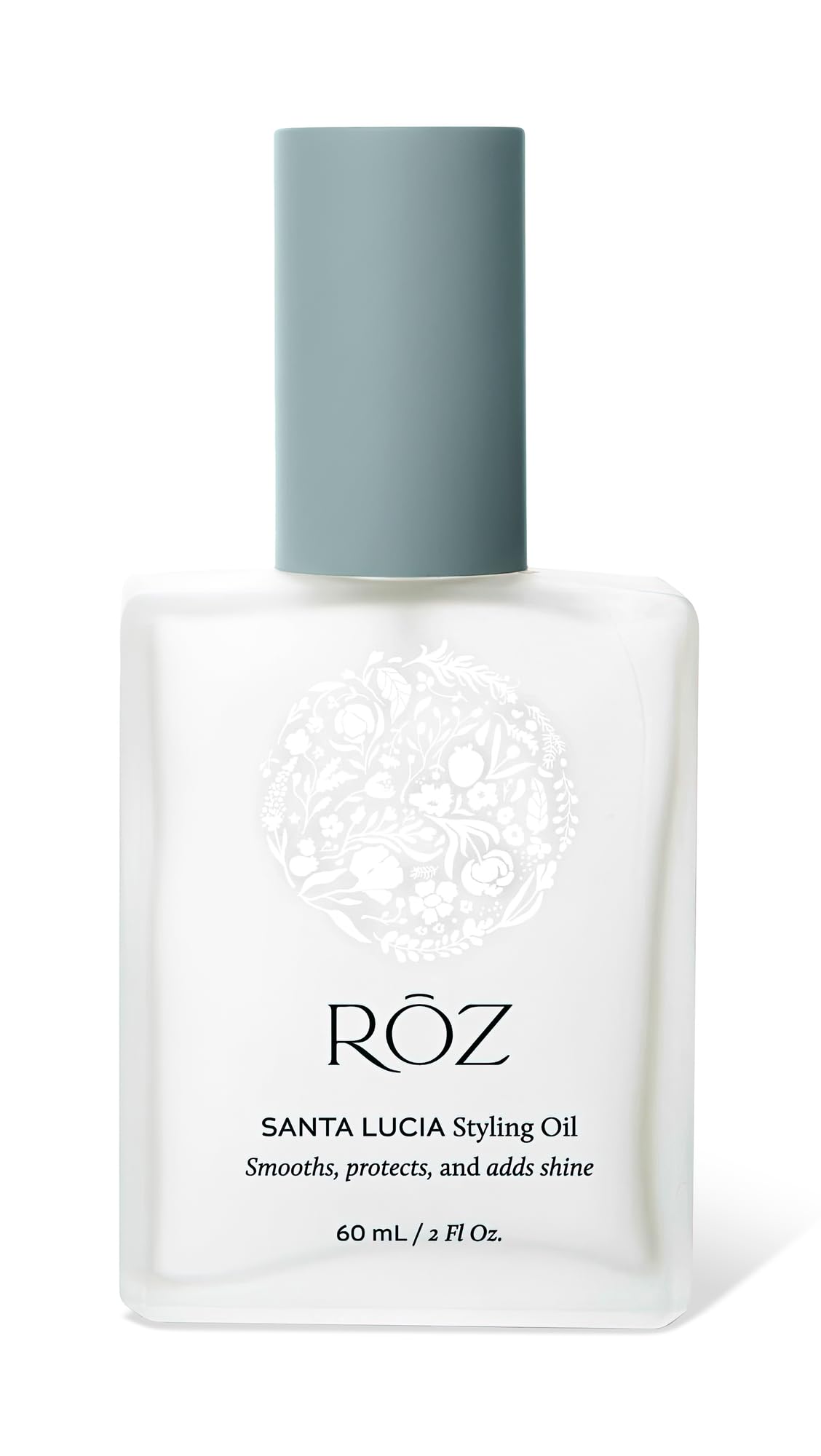 ROZ Santa Lucia styling oil bottle closeup shows sleek packaging and gloss-enhancing potential