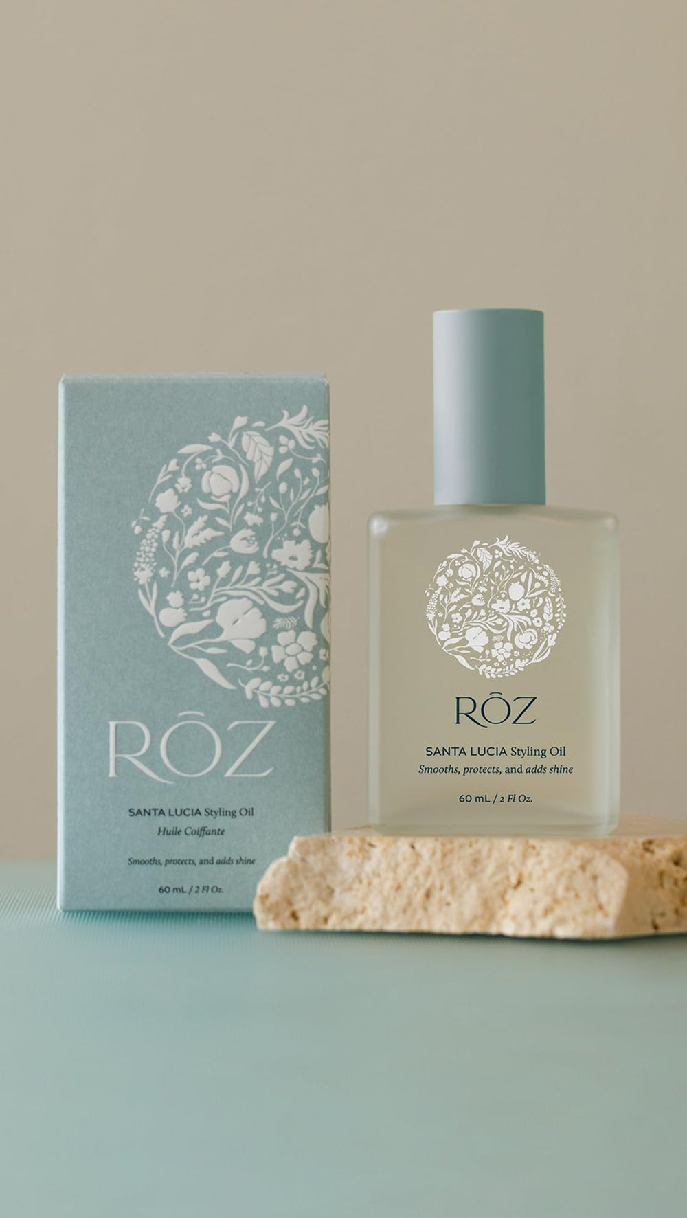ROZ Santa Lucia styling oil vegan cruelty-free packaging emphasis