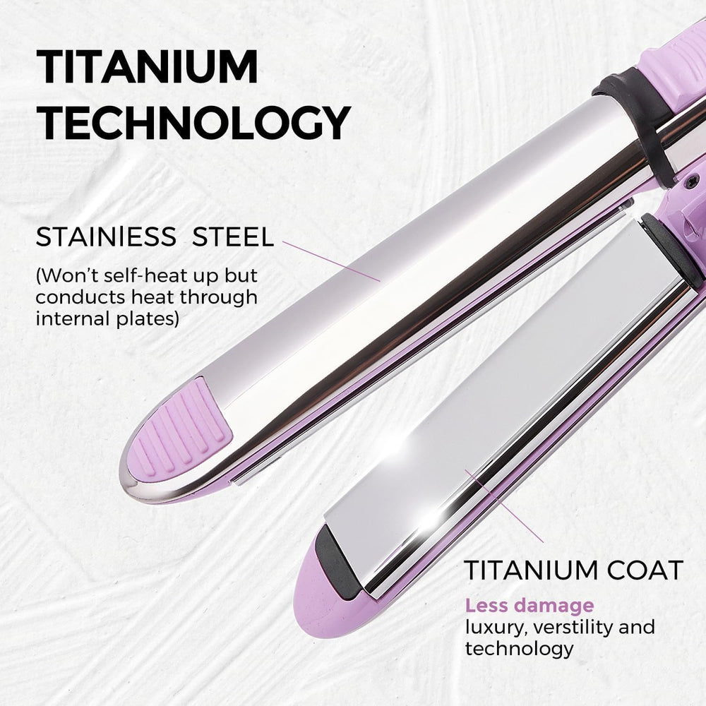 Rozamor 2-in-1 flat iron side controls show precise temperature adjustments for styling versatility.