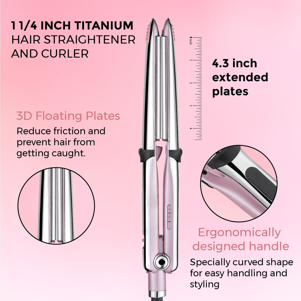 Rozamor titanium flat iron curling action demonstrating 2-in-1 capability