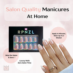 RPNZL press-on nails kit shows 32 nails and 16 sizes for a precise fit.