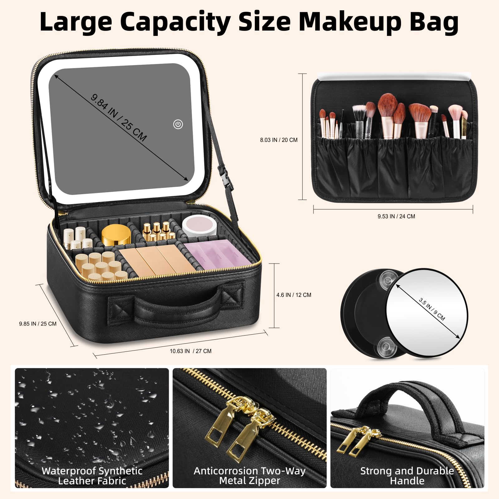 RRtide travel makeup bag full-screen light mirror enables color-accurate makeup.