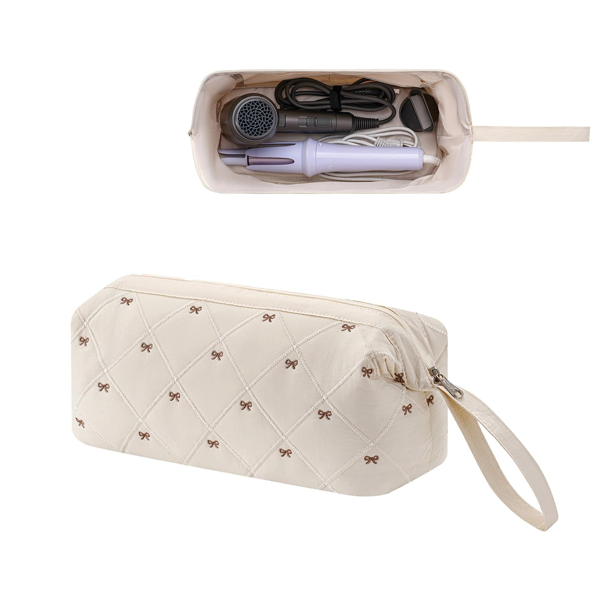 RSRSLEII hair tools travel bag front view with quilted beige waterproof exterior for organized travel.