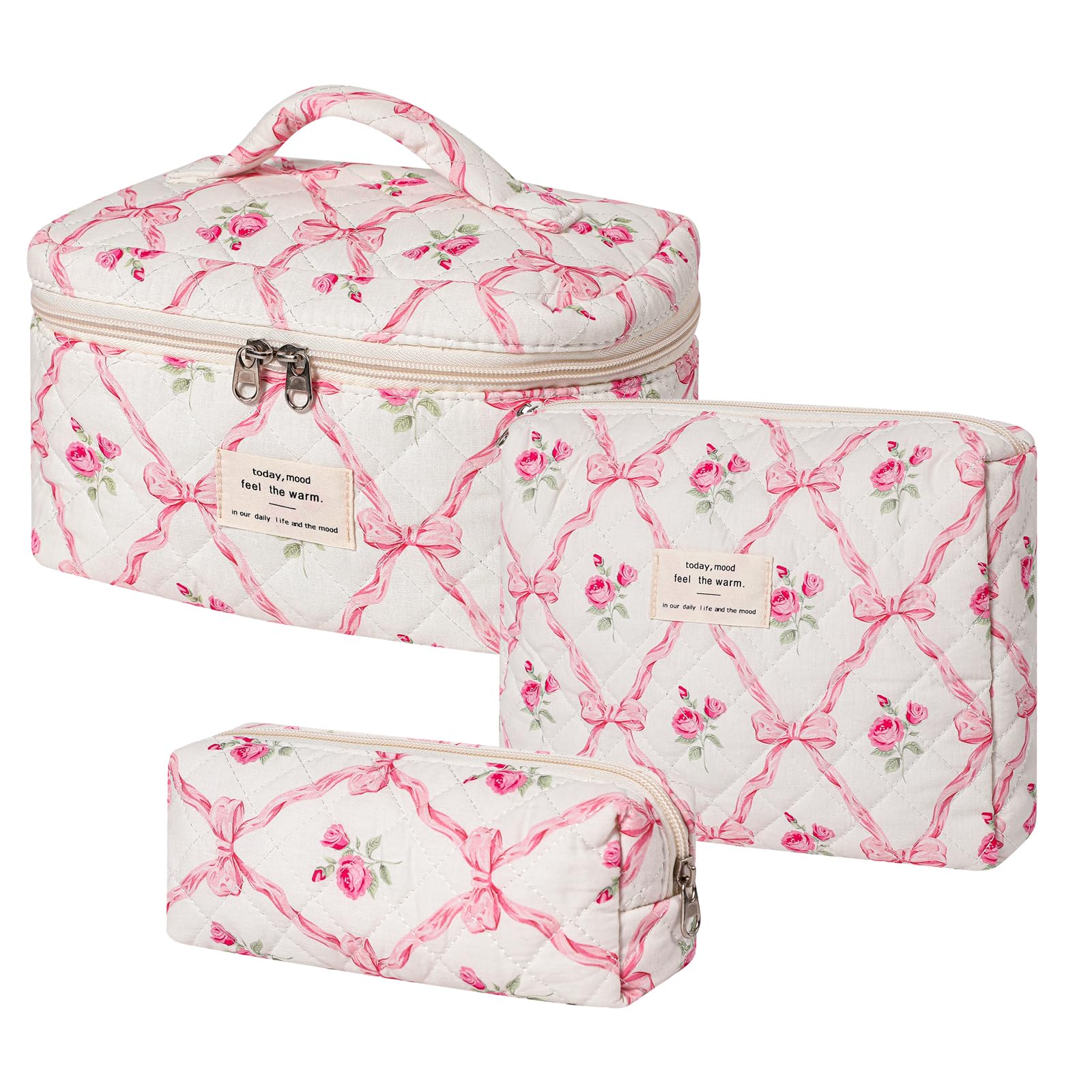 RSRSLEII large quilted makeup bag in floral pink bows for travel.
