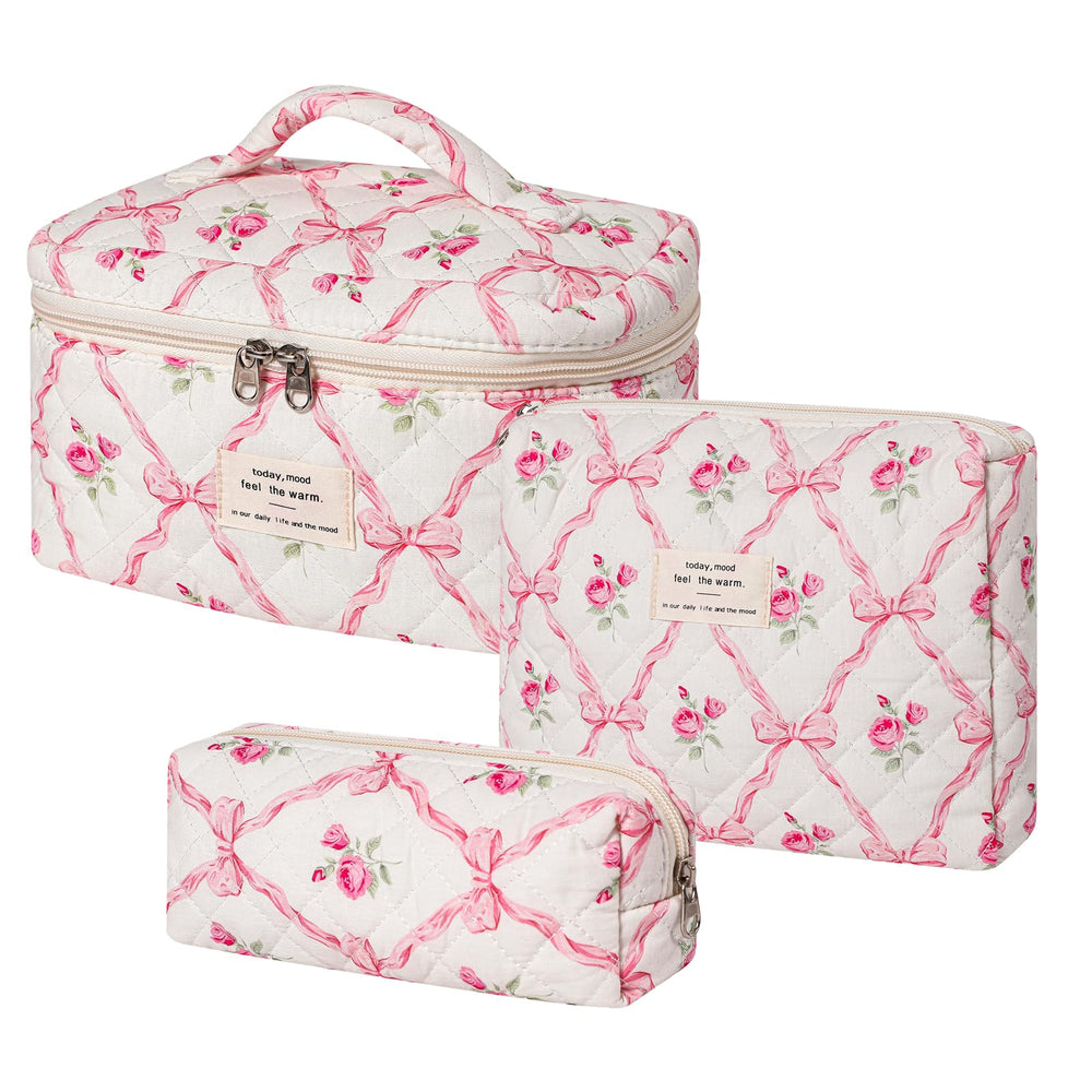 RSRSLEII large quilted makeup bag in floral pink bows for travel.