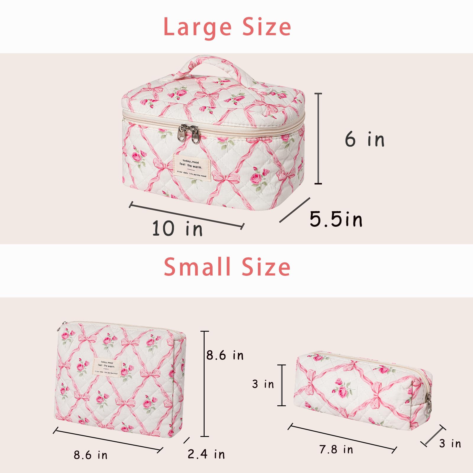 RSRSLEII medium quilted makeup bag with floral print and double zipper.