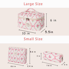 RSRSLEII medium quilted makeup bag with floral print and double zipper.